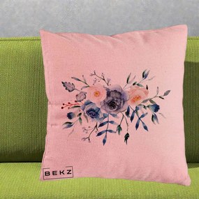Perna Decorativa Buchet Flori Albastre Acuarela, 40x40 cm, Roz, Husa Detasabila, Perna Inclusa, BEKZ®