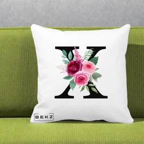 Cadou Personalizat - Perna Personalizata Monograma Florala Litera X cu Buchet, 40x40 cm, Alba Mata, Husa Detasabila, Perna Inclusa, BEKZ®