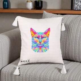 Perna Decorativa Pisica Pop Art Multicolor, 40x40 cm, Bej cu Franjuri, Husa Detasabila, Perna Inclusa, BEKZ®