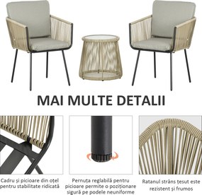 Outsunny Set mobilier de Grădină cu 2 Scaune și Măsuță de Cafea cu Blat din Sticlă, Ø49x47 cm, Maro | Aosom Romania