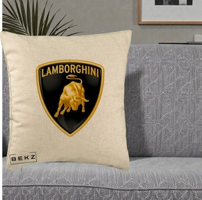 Perna Personalizata cu emblema Lamborghini, 40x40 cm, Bej, Husa Detasabila, Perna Inclusa, BEKZ®