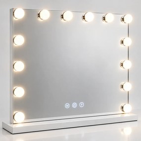 Oglindă cosmetică, 14 becuri LED, sistem iluminare LED cu 3 culori, Luminozitate reglabilă, Senzor Tactil, Port încărcare USB, Oglindă de mărire 10X, Alb, 80x65 cm