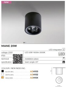 Spot LED aplicat tavan/plafon MANE 20W alb