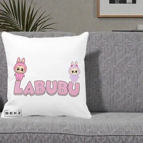 Perna Personalizata Labubu Duo Roz-Lila cu Text, 40x40 cm, Alba Mata, Husa Detasabila, Perna Inclusa, BEKZ®