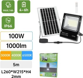 Aigostar-LED Proiector LED solar/100W/3,2V 2000mAh 3000K/4000K/6500K IP66 + telecomandă