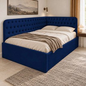 Pat tapițat pentru copii din catifea Elyra 140×200 cm, bleumarin, colț stânga, cu ladă de depozitare