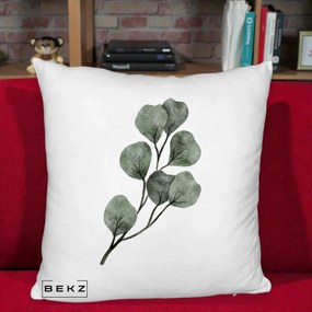 Perna Decorativa Ramura Eucalipt Acuarela, 40x40 cm, Alb Pufos, Husa Detasabila, Perna Inclusa, BEKZ®