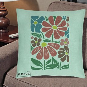 Perna Decorativa Flori Grafice Colorate Retro, 40x40 cm, Verde Menta, Husa Detasabila, Perna Inclusa, BEKZ®