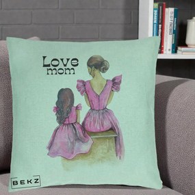 Cadou pentru Mama - Perna Personalizata Love Mom Rochii Roz, 40x40 cm, Verde Menta, Husa Detasabila, Perna Inclusa, BEKZ®