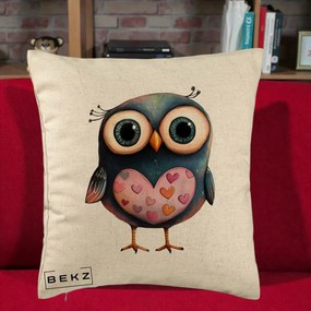 Perna Decorativa Bufnita cu Inimioare Roz, 40x40 cm, Bej, Husa Detasabila, Perna Inclusa, BEKZ®