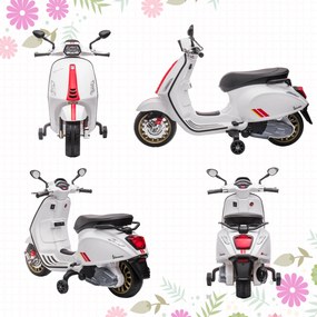 AIYAPLAY Motocicletă electrică pentru copii Vespa 6V dim. 107L x 47l x 73H cm Muzică MP3 Port USB Far 2 roți de antrenare - Alb | Aosom Romania