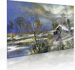 Tablou pe sticlă -Cabane într-un peisaj de iarnă, pictură în ulei (70x50 cm)