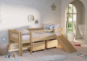Pat Semi-Înălțat (Mid Sleeper) Forrest Oak 90x200 cm, pentru Camera Copii, din Lemn de Stejar, Natur, cu Tobogan și Sertare – Vipack