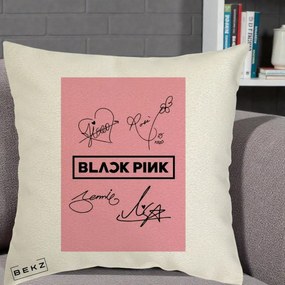 Perna Personalizata K-pop BLACKPINK Semnaturi Roz, 40x40 cm, Ecru, Husa Detasabila, Perna Inclusa, BEKZ®