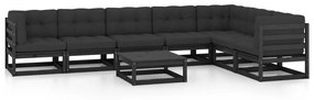 3076803 vidaXL Set mobilier grădină cu perne, 8 piese, negru, lemn masiv pin