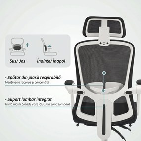 HOMCOM Scaun de Birou Rabatabil 135°, cu Suport pentru Picioare, Suport Lombar, Tetieră, Înălțime Reglabilă, din Plasă, Negru | Aosom Romania