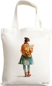 Sacosa de Panza pentru Cumparaturi, Geanta Tote, model The bookie girl 25 38 x 34.5 cm, Alba, BEKZ®
