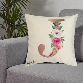 Cadou Personalizat - Perna Personalizata Monograma Rose Gold Litera J, 40x40 cm, Ecru, Husa Detasabila, Perna Inclusa, BEKZ®