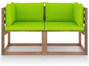 Canapea din paleti de gradina, 2 locuri, perne verzi, lemn pin