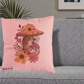 Perna Decorativa Fata Ciuperca Florala Boho, 40x40 cm, Roz, Husa Detasabila, Perna Inclusa, BEKZ®