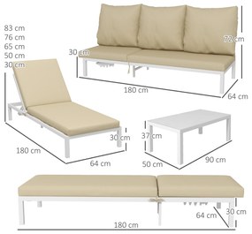 Outsunny Set de 2 Sezlonguri de Terasa cu Perna, Set de Pat Rabatabil de Exterior cu 5 Niveluri Reglabile cu Masa cu Blat de Sticla