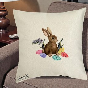 Perna Decorativa Iepuras cu Oua de Pasti Acuarela, 40x40 cm, Ecru, Husa Detasabila, Perna Inclusa, BEKZ®