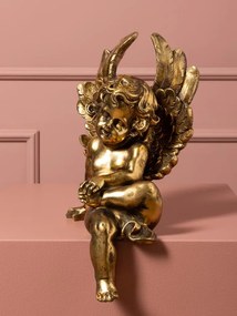 Statuetă decorativă heruvim din rășină, auriu, aripi și bucle fin sculptate, finisaj antichizat, 37 x 17 x 20 cm, „Chérubin”