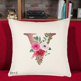 Cadou Personalizat - Perna Personalizata Monograma Rose Gold Litera V, 40x40 cm, Crem Reliefat, Husa Detasabila, Perna Inclusa, BEKZ®
