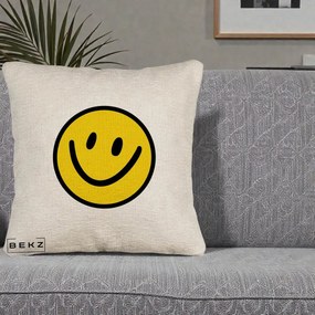 Perna Decorativa Smiley Face Galben Clasic, 40x40 cm, Bej Canapea, Husa Detasabila, Perna Inclusa, BEKZ®