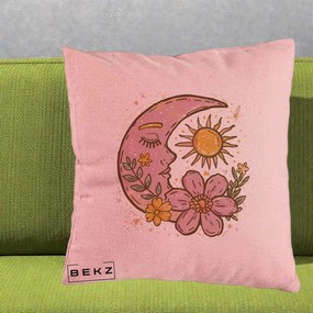 Perna Personalizata Luna si Soare Floral Boho, 40x40 cm, Roz, Husa Detasabila, Perna Inclusa, BEKZ®