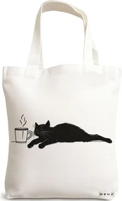 Sacosa de Panza pentru Cumparaturi, Geanta Tote, model Caffeine Cat 4 38 x 34.5 cm, Alba, BEKZ®
