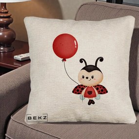 Perna Decorativa Buburuza cu Balon Rosu, 40x40 cm, Bej Canapea, Husa Detasabila, Perna Inclusa, BEKZ®