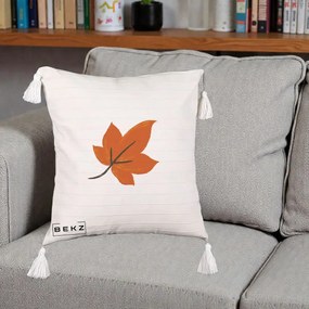Perna Decorativa Frunza de Toamna Portocalie, 40x40 cm, Bej cu Franjuri, Husa Detasabila, Perna Inclusa, BEKZ®