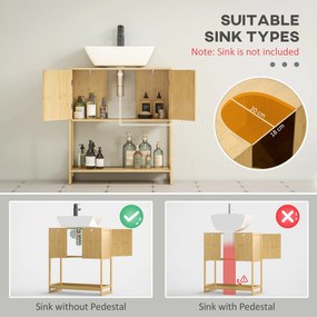 HOMCOM Dulap de Baie Sub Chiuvetă, Dulap de Depozitare pentru Chiuvetă din Bambus cu 2 Uși, Raft de Jos și Fantă în Formă de U pentru Potrivirea Țevii, 70x33x79.5 cm, Natural | Aosom Romania