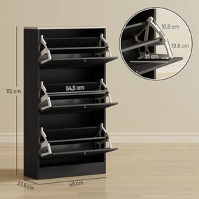 HOMCOM Dulap Îngust pentru Pantofi cu 3 Sertare și Rafturi Reglabile pe 2 Niveluri, 60x23,5x115 cm, Negru | Aosom Romania