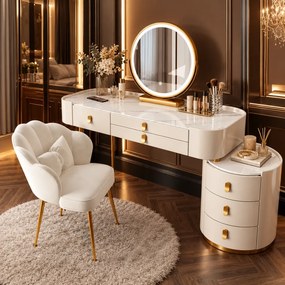 Set LUCIA WHITE – Masă de Toaletă pentru Machiaj, Blat imitatie marmura, Oglindă Iluminată LED, Control Touch, 6 sertare, Comoda, Scaun, Alb
