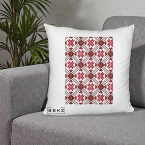 Perna Personalizata Motiv Traditional Ie Romaneasca Rosu, 40x40 cm, Alb Pufos, Husa Detasabila, Perna Inclusa, BEKZ®