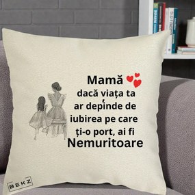 Cadou pentru Mama - Perna Personalizata Mama Nemuritoare Line Art, 40x40 cm, Ecru, Husa Detasabila, Perna Inclusa, BEKZ®