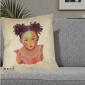 Perna Decorativa Fetita Vesela Portret Colorat, 40x40 cm, Crem, Husa Detasabila, Perna Inclusa, BEKZ®