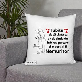 Cadou pentru Iubit - Perna Personalizata Iubitu Nemuritor cu Cuplu Line-Art si Inimi Rosii, 40x40 cm, Alb Pufos, Husa Detasabila, Perna Inclusa, BEKZ®