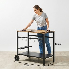 Outsunny Cărucior de grătar cu 2 niveluri Masă auxiliară mobilă pentru grătar cu roți Suport pentru băuturi Cârlige Mâner Negru și Maro | Aosom Romania