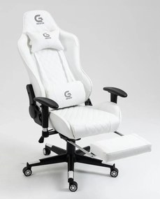 RESIGILATE- Scaun gaming, masaj in perna lombara, sezut benzi elastice sustinere suplimentara, suport picioare, funcție sezlong, 90-180 grade, SIG 5020, piele ecologica, Alb