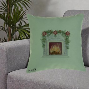 Perna Decorativa Semineu de Craciun Watercolor, 40x40 cm, Verde, Husa Detasabila, Perna Inclusa, BEKZ®