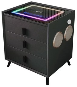 Noptiera inteligenta cu &icirc;ncărcare wireless și iluminare LED &ndash;culoare: negru, 3 Sertare de depozitare, difuzor Bluetooth