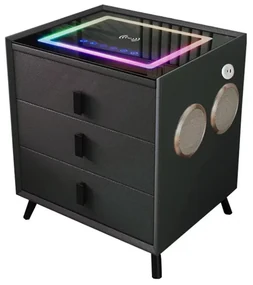Noptiera inteligenta cu &icirc;ncărcare wireless și iluminare LED &ndash;culoare: negru, 3 Sertare de depozitare, difuzor Bluetooth