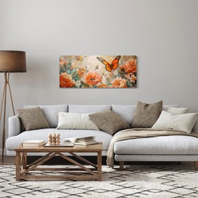 Tablou - Fluture și flori, pictură în ulei (120x50 cm)