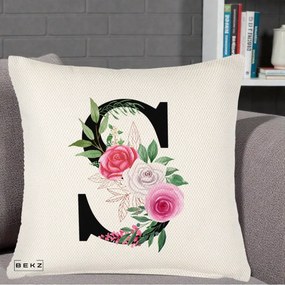Cadou Personalizat - Perna Personalizata Monograma Florala Litera S, 40x40 cm, Crem Reliefat, Husa Detasabila, Perna Inclusa, BEKZ®