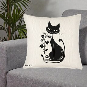Perna Decorativa Pisica Neagra Grafica Minimalista, 40x40 cm, Crem Reliefat, Husa Detasabila, Perna Inclusa, BEKZ®