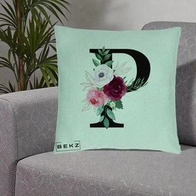 Cadou Personalizat - Perna Personalizata Monograma Florala Litera P, 40x40 cm, Verde Menta, Husa Detasabila, Perna Inclusa, BEKZ®
