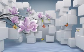 Tapet Premium Canvas - Abstract flori mov si fluturi